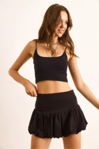 Olalook Women's Black Cotton Mini Balloon Skirt with Shorts - Image 4