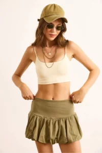 Olalook Women's Khaki Cotton Mini Balloon Skirt with Shorts - Image 2