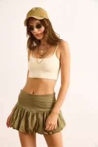 Olalook Women's Khaki Cotton Mini Balloon Skirt with Shorts - Image 4