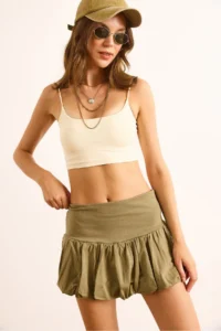 Olalook Women's Khaki Cotton Mini Balloon Skirt with Shorts - Image 5