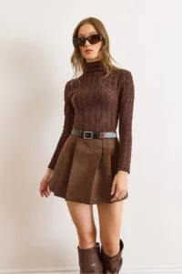 Olalook Women's Brown Belted Pleated Suede Mini Skirt with Shorts - Image 6