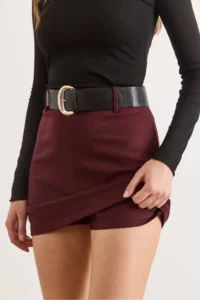 Olalook Women's Burgundy Belt Detailed Mini Skirt with Shorts - Image 3