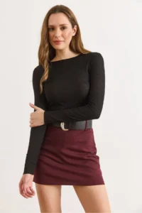 Olalook Women's Burgundy Belt Detailed Mini Skirt with Shorts - Image 4