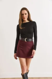 Olalook Women's Burgundy Belt Detailed Mini Skirt with Shorts - Image 5