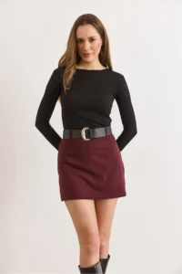 Olalook Women's Burgundy Belt Detailed Mini Skirt with Shorts - Image 6