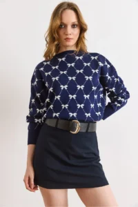 Olalook Women's Navy Blue Belt Detailed Mini Skirt with Shorts - Image 2