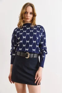 Olalook Women's Navy Blue Belt Detailed Mini Skirt with Shorts - Image 4