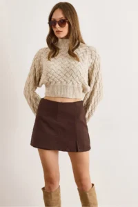 Olalook Women's Bitter Brown Mini Skirt with Hidden Zipper Shorts