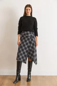 Olalook Women's Black Plaid Wool Effect Midi Wrap Skirt - Image 2