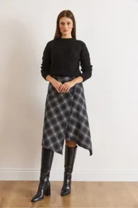 Olalook Women's Black Plaid Wool Effect Midi Wrap Skirt - Image 3