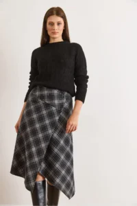 Olalook Women's Black Plaid Wool Effect Midi Wrap Skirt - Image 6