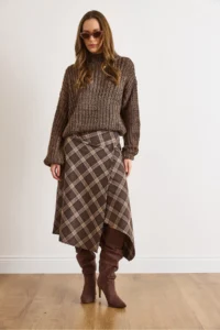 Olalook Women's Brown Plaid Wool Effect Midi Wrap Skirt - Image 2