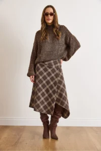 Olalook Women's Brown Plaid Wool Effect Midi Wrap Skirt - Image 3