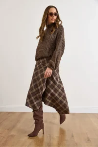Olalook Women's Brown Plaid Wool Effect Midi Wrap Skirt - Image 4