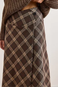 Olalook Women's Brown Plaid Wool Effect Midi Wrap Skirt - Image 5