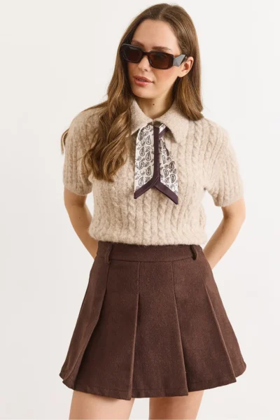 Olalook Women's Brown Lining Pleated Mini Skirt with Shorts