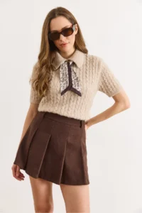 Olalook Women's Brown Lining Pleated Mini Skirt with Shorts - Image 2