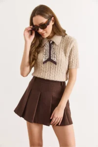 Olalook Women's Brown Lining Pleated Mini Skirt with Shorts - Image 3
