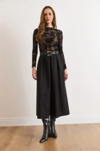 Olalook Women's Black Belted Zippered Maxi Pleated Skirt - Image 3