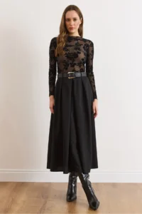Olalook Women's Black Belted Zippered Maxi Pleated Skirt - Image 6