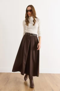 Olalook Women's Bitter Brown Belted Zippered Maxi Pleated Skirt - Image 2