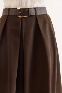 Olalook Women's Bitter Brown Belted Zippered Maxi Pleated Skirt - Image 3