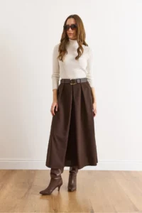 Olalook Women's Bitter Brown Belted Zippered Maxi Pleated Skirt - Image 5