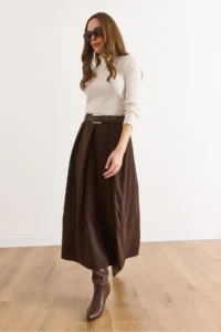 Olalook Women's Bitter Brown Belted Zippered Maxi Pleated Skirt - Image 6