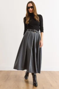 Olalook Women's Anthracite Belted Zippered Maxi Pleated Skirt