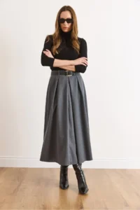 Olalook Women's Anthracite Belted Zippered Maxi Pleated Skirt - Image 3