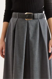 Olalook Women's Anthracite Belted Zippered Maxi Pleated Skirt - Image 4