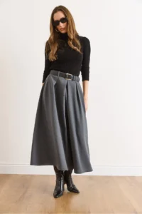 Olalook Women's Anthracite Belted Zippered Maxi Pleated Skirt - Image 6
