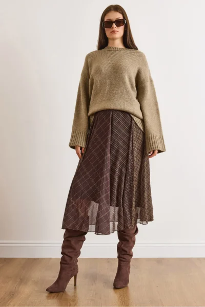Olalook Women's Plaid Brown Lined Block Patterned Bell Tulle Skirt