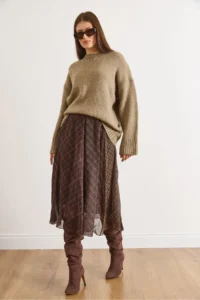 Olalook Women's Plaid Brown Lined Block Patterned Bell Tulle Skirt - Image 6
