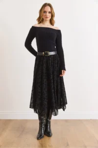 Olalook Women's Black Lined Velvet Flocked Printed Bell Tulle Skirt - Image 2