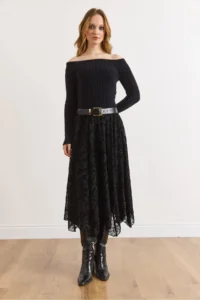 Olalook Women's Black Lined Velvet Flocked Printed Bell Tulle Skirt - Image 3