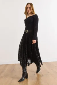 Olalook Women's Black Lined Velvet Flocked Printed Bell Tulle Skirt - Image 5