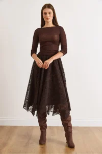 Olalook Women's Brown Lined Velvet Flock Printed Bell Tulle Skirt - Image 2