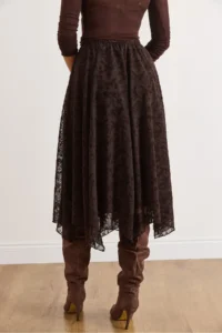 Olalook Women's Brown Lined Velvet Flock Printed Bell Tulle Skirt - Image 3