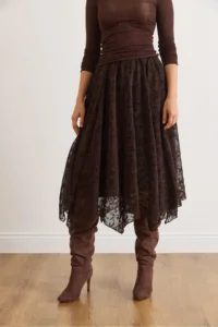 Olalook Women's Brown Lined Velvet Flock Printed Bell Tulle Skirt - Image 4