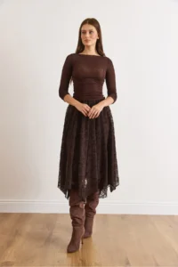 Olalook Women's Brown Lined Velvet Flock Printed Bell Tulle Skirt - Image 5