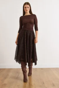 Olalook Women's Brown Lined Velvet Flock Printed Bell Tulle Skirt - Image 6