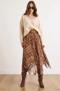 Olalook Women's Camel Lined Skirt Asymmetrical Plaid Bell Tulle Skirt