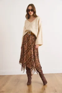 Olalook Women's Camel Lined Skirt Asymmetrical Plaid Bell Tulle Skirt - Image 2