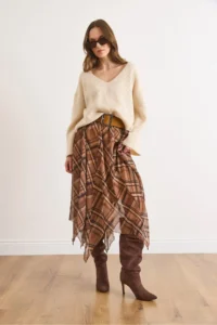 Olalook Women's Camel Lined Skirt Asymmetrical Plaid Bell Tulle Skirt - Image 3