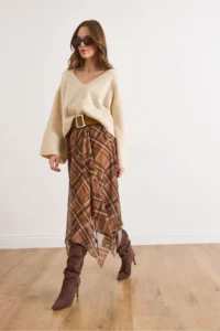 Olalook Women's Camel Lined Skirt Asymmetrical Plaid Bell Tulle Skirt - Image 4