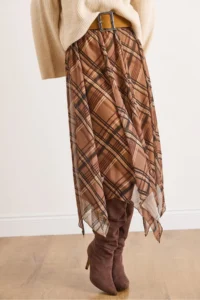Olalook Women's Camel Lined Skirt Asymmetrical Plaid Bell Tulle Skirt - Image 5