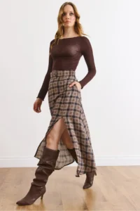 Olalook Women's Mink Belt Detailed Pocket Slit Polyviscon Flowy Skirt