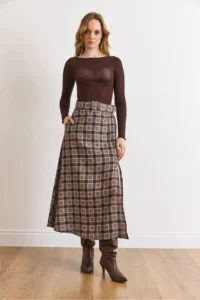 Olalook Women's Mink Belt Detailed Pocket Slit Polyviscon Flowy Skirt - Image 2
