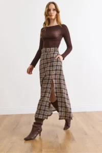 Olalook Women's Mink Belt Detailed Pocket Slit Polyviscon Flowy Skirt - Image 3
